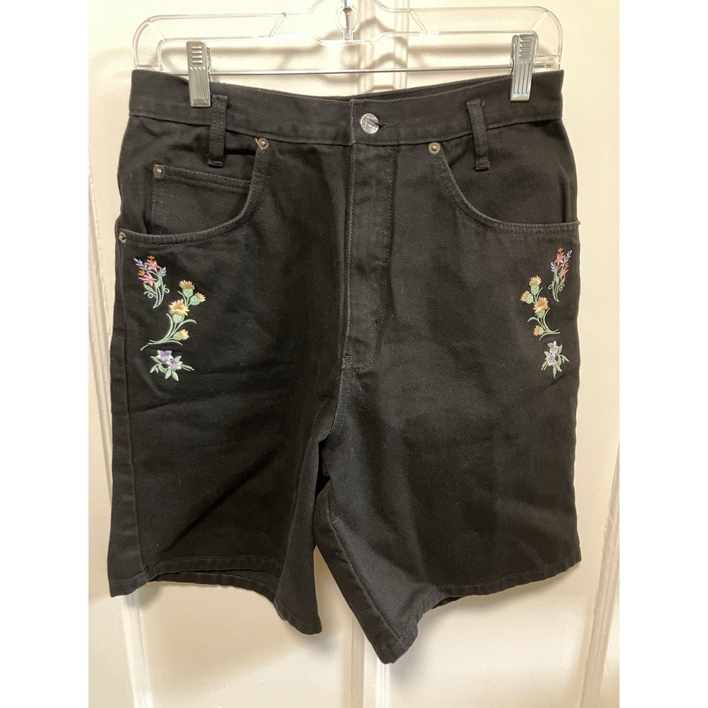 Kenji Embroidered Black Denim Shorts Flowers Womens M 28"x20"